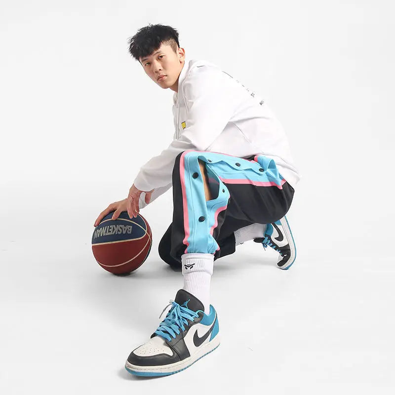 Harajuku Fashion Sports Men Pants Daily Outdoor Basketball Sweatpants Hollow Out Side Stripe Button Fly Design Creative Trousers