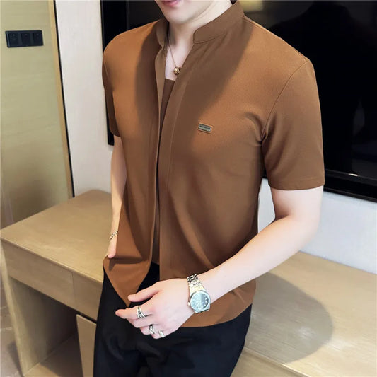 Camisas De Hombre Summer Stand Collar Shirts For Men Clothing High Quality Fashion Spliced Design Slim Fit Mens Dress Shirts 4XL