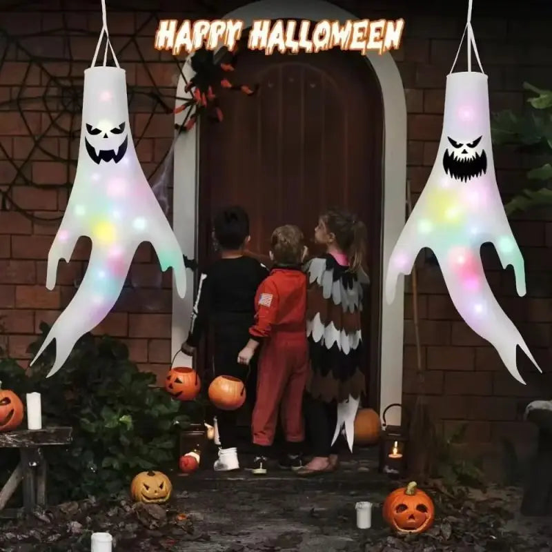 Halloween Led Floating Glowing Ghosts Hang Emoticon Ghost Weather Vane Outdoors Colorful Glowing Floating Ghost Pendant