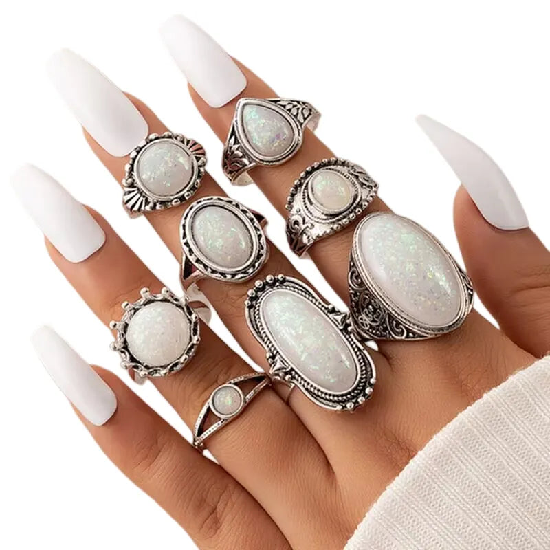 50pcs/Lot Wholesale New Big Opal Stone Finger Rings For Women Bohemia White Enamel Acrylic Water Drop Carved Hollow Jewelry Girl