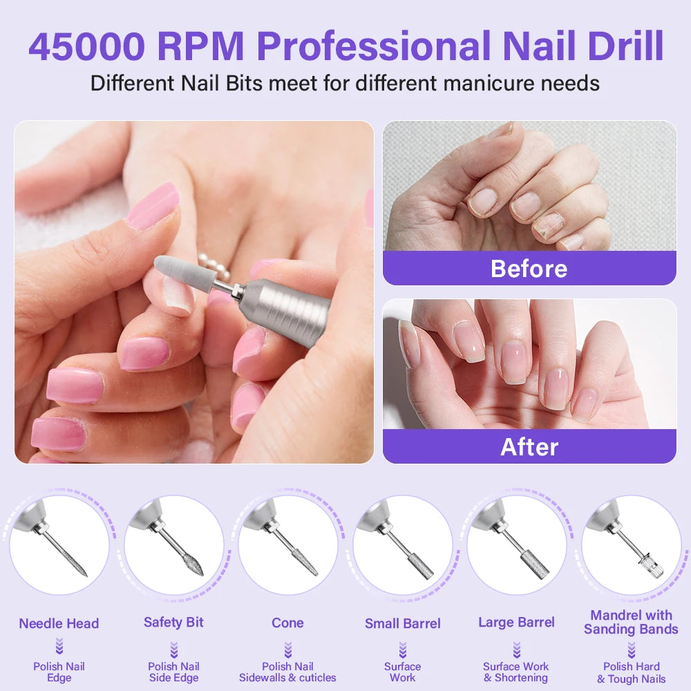 Professional 45000RPM Electric Portable Nail Drill Machine Rechargeable Low Noise Nail Sander File for Manicure Salon Tool