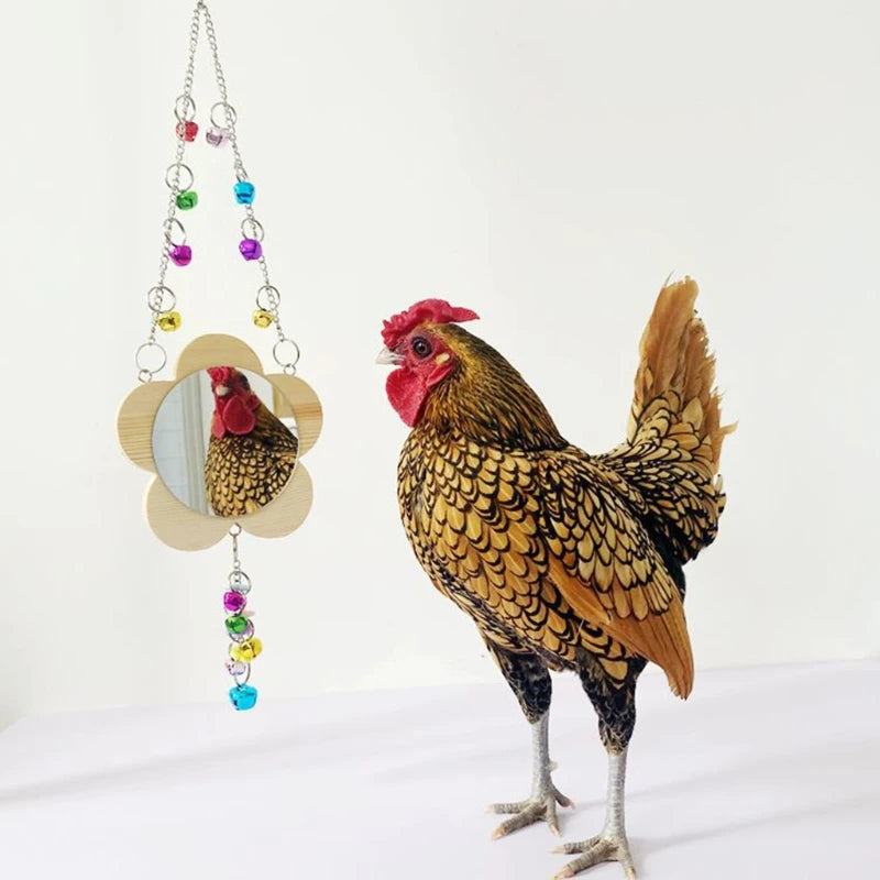 Chicken Toy Hanging Chicken Mirror Toy with Bell Wooden Pecking Toy for Coop Pet Bird Toy for macaw Parakeet Cockatiels R9CA