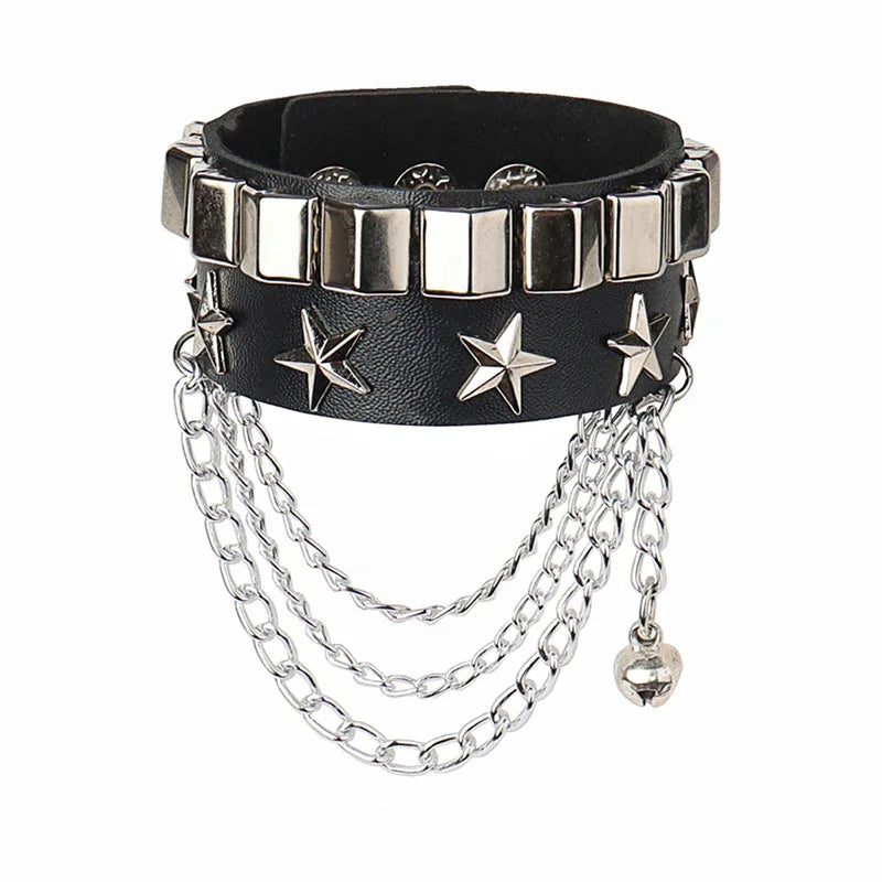 Skull Punk Gothic Rock Chains Metal Stud Spikes Rivet Pu Leather Wristband Bangle Wide Cuff Bracelet Women Men Jewelry