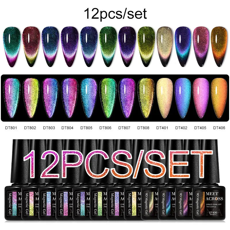 12pc Glitter Cat Magnetic Gel Set Cat Gel Eyes Polish Holographic Reflective Semi Permanent UV Gel Soak Off Sparkling Nail Art