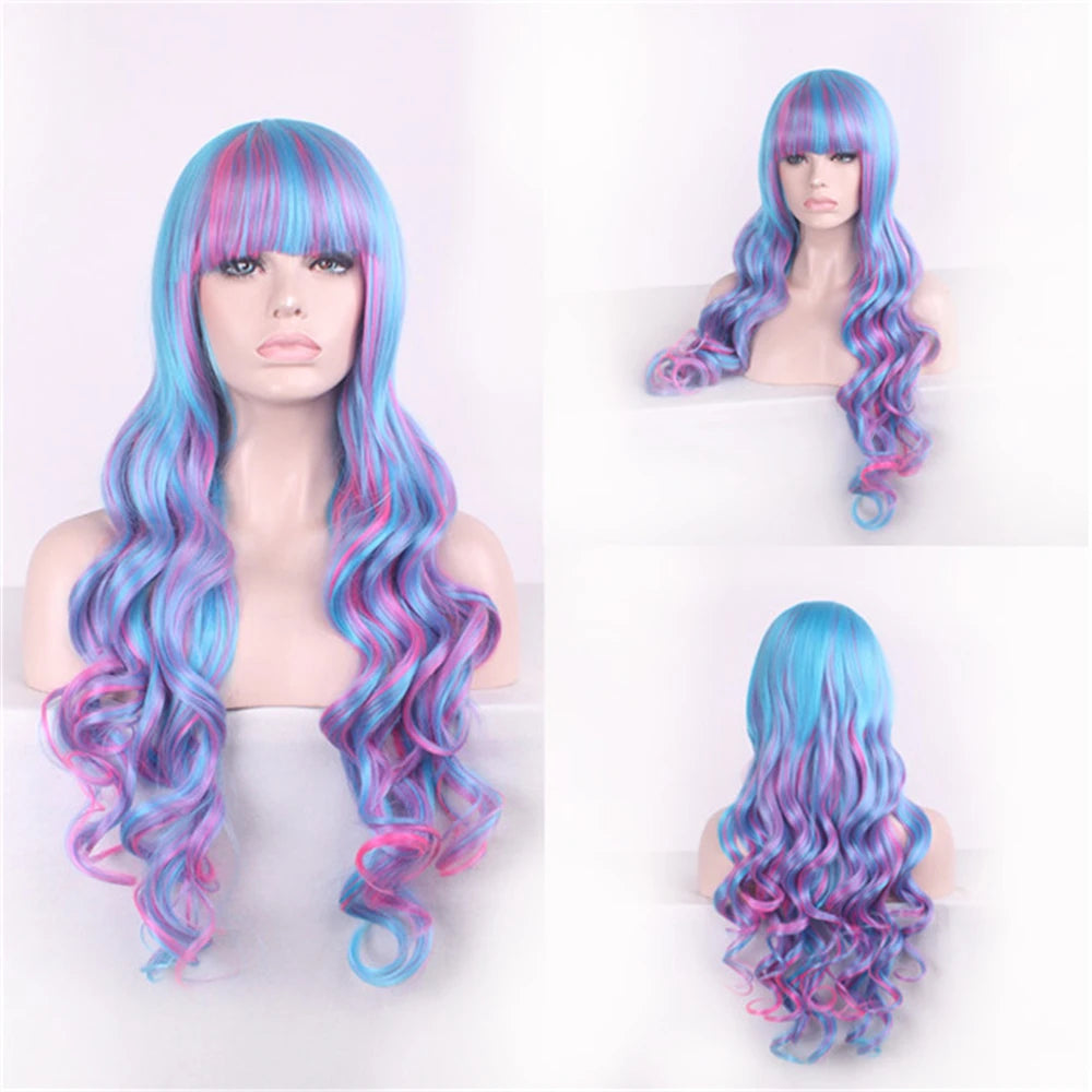 Synthetic Hair Blue Rainbow Wig With Bangs Wavy Party Cosplay Female Wigs For Women Long Anime Wig Colored Red Pink Brown Yellow