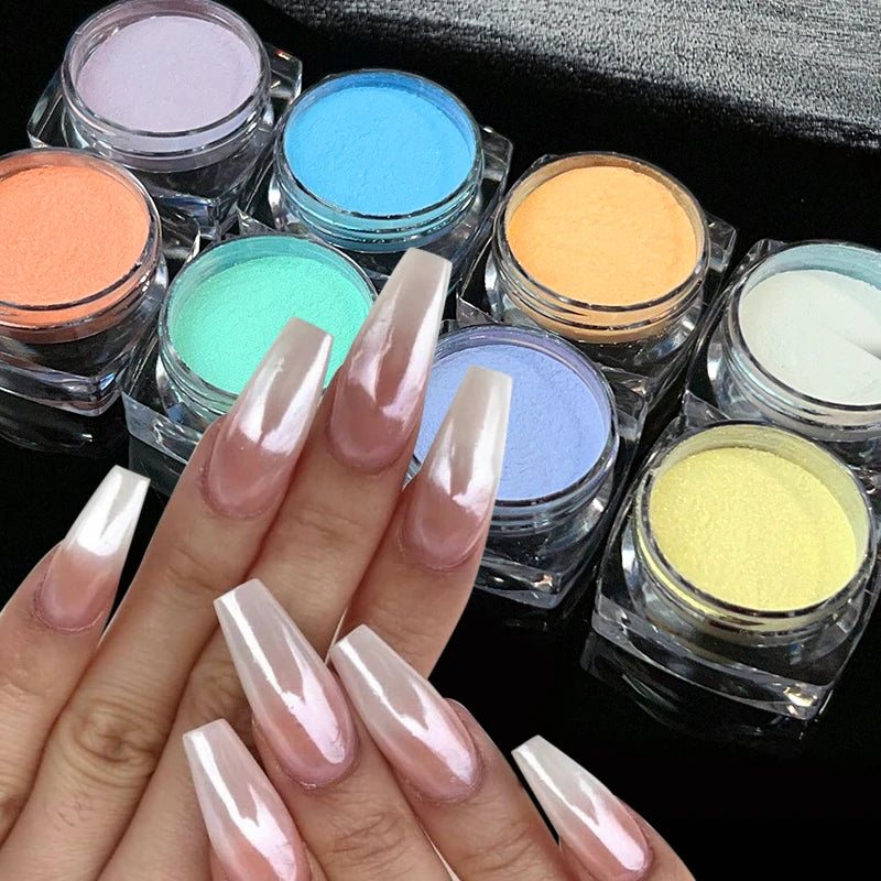 Aurora Pearl Nude Pink White Nails Glitter Dust Chrome Moonlight White Rubbing on Powder Shell Mirror Pigment Nail Art Supplies