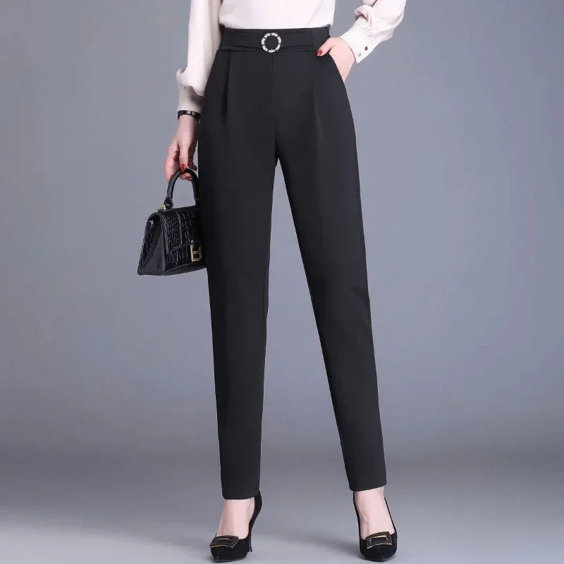 Women's Clothing Solid Color Pockets Spring Autumn Elastic High Waisted Casual Loose Trousers Straight Trouser Suits Pants