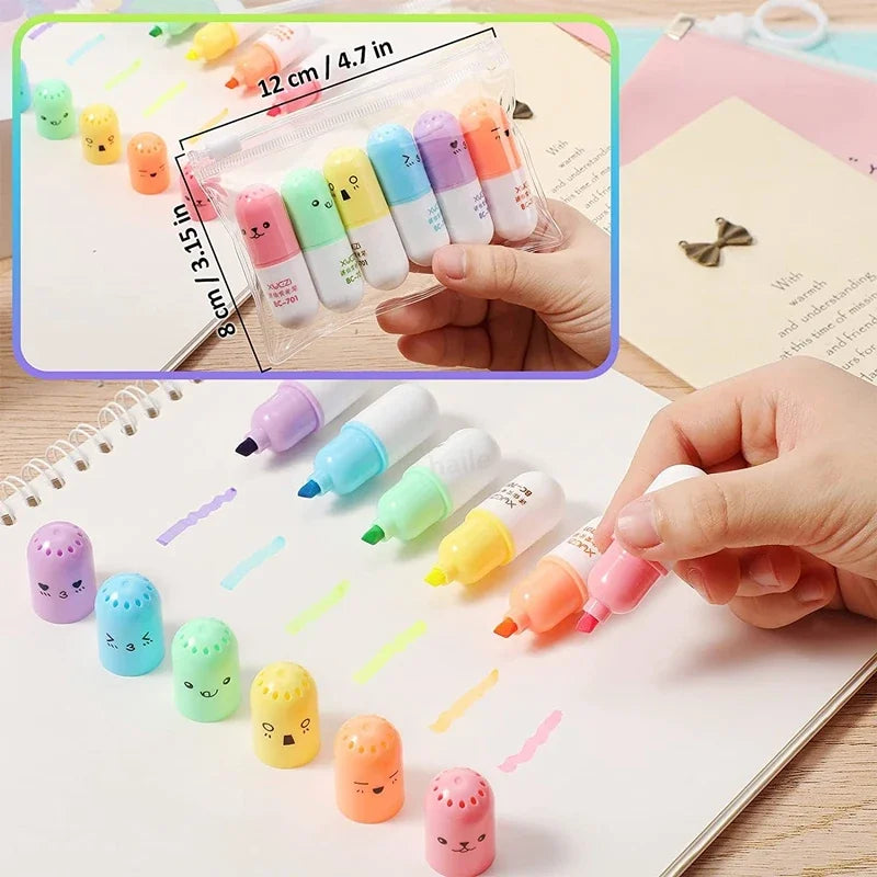 6Pcs Kawaii Mini Pills Highlighter Pen Set Cute Funny Smiling Face Fluorescent Marker Pen School Office Art Stationery Supplie