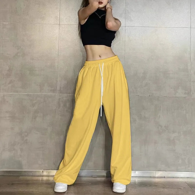 Hip Hop Leggings Sports Women's Spring and Autumn Patchwork High Waisted Drawstring Pockets Solid Color Loose Casual Jazz Pants