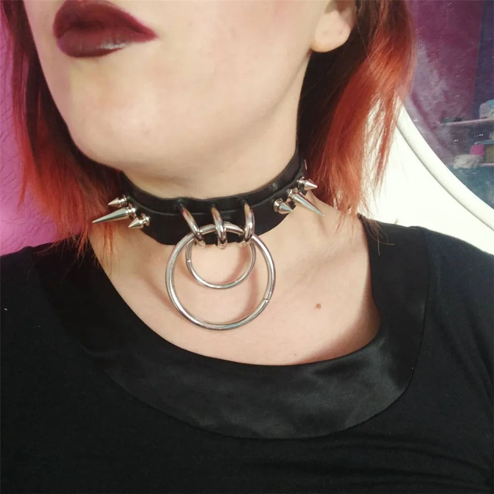 UYEE Spike Choker Collar Female Women Punk Black PU Leather Exaggerate Studded Rivet Chocker Necklace Gothic Accessories Jewelry