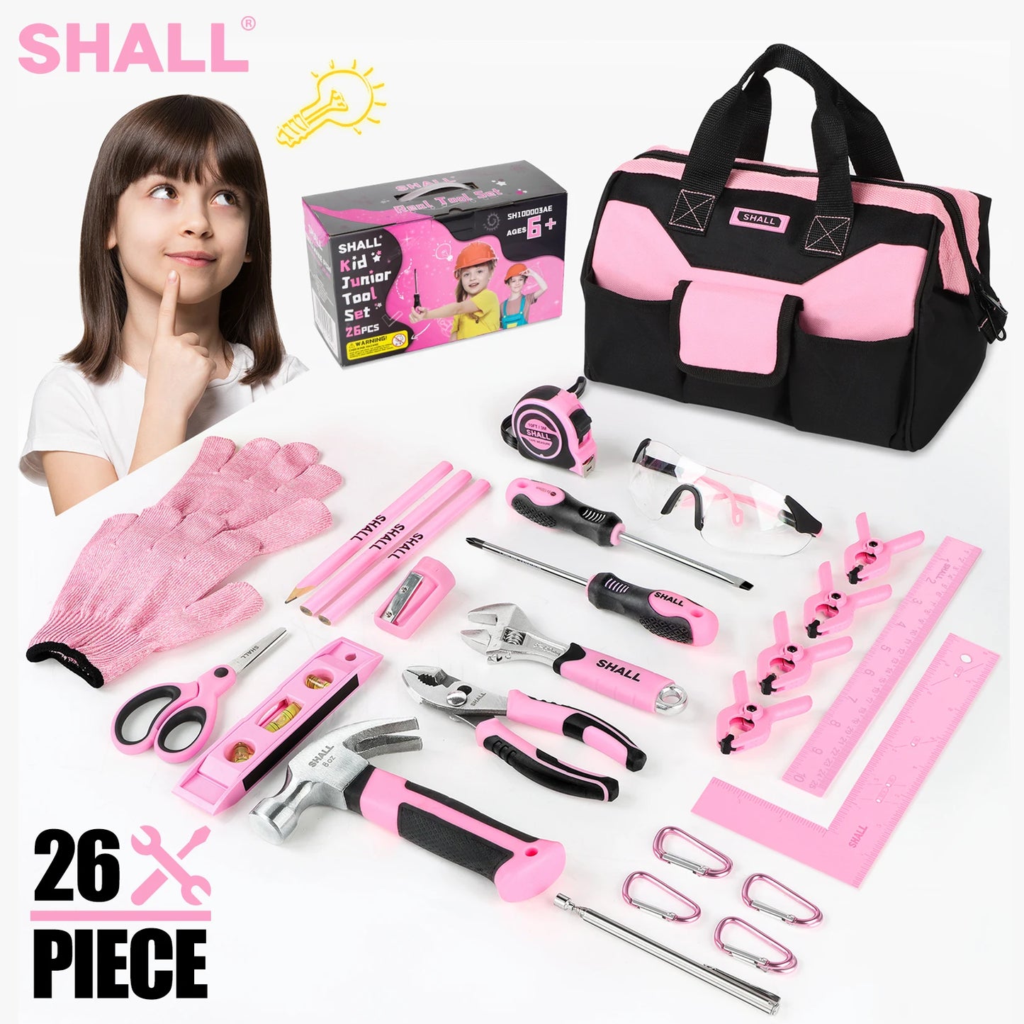 SHALL 26Psc Kids Size tools kit set with 12" Tool Bag Safety woodworking tools Children Tool Kit with Hand Tools Home DIY