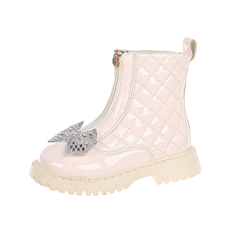 Kid Boots New 2024 Fashion Plaid Girls Shiny Bowknot Ankle Boots Children Front Zipper Snow Boot Waterproof Non-slip Booties