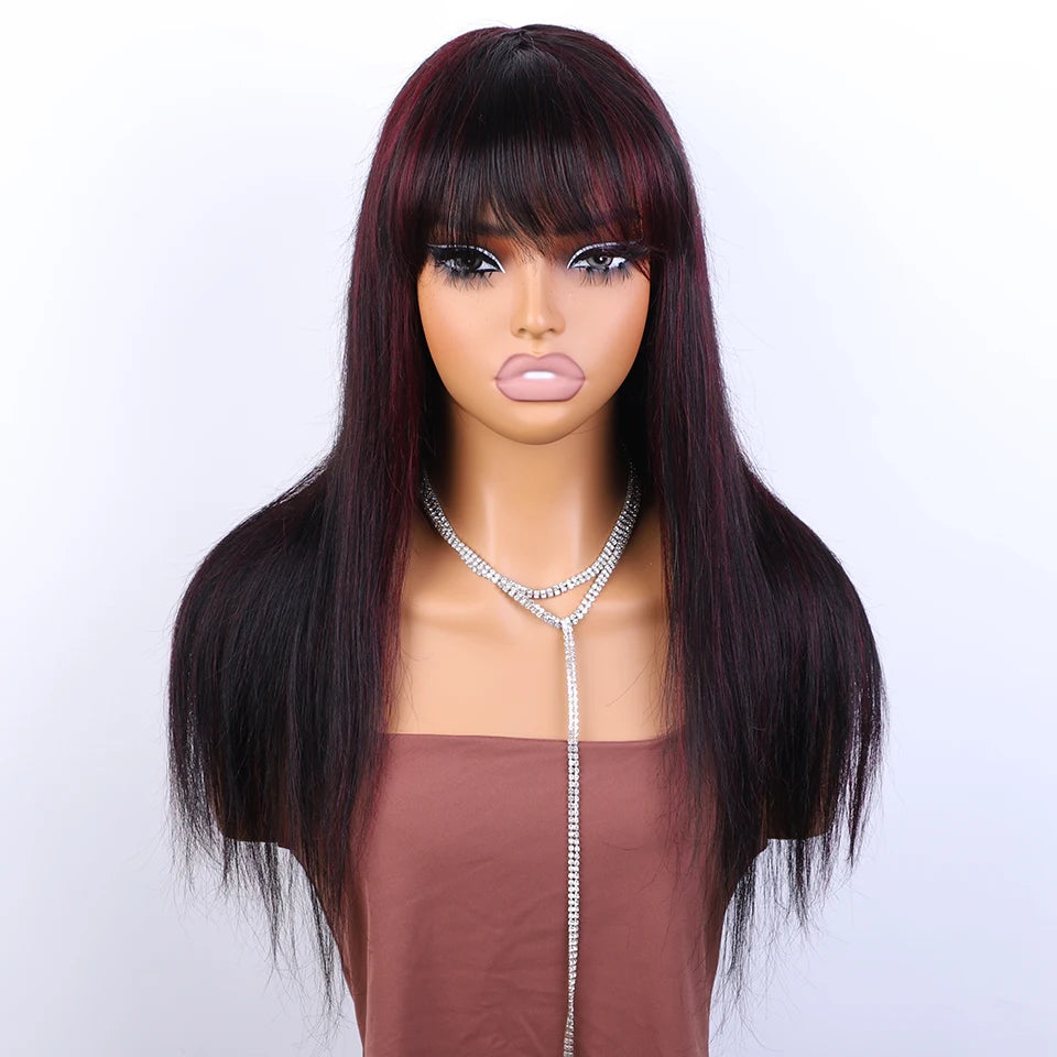 Lekker 24" Long Highlight Burg Red Bone Straight Human Hair Wigs With Bangs For Women Brazilian Remy Hair Full Machine Made Wigs