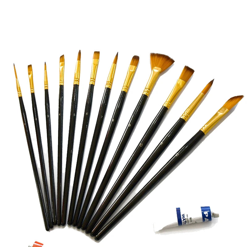 Multi-functional Watercolor Gouache 12 Pcs Short Wood Rod Oil Painting Brush Set Art Tool Beginner Nylon Hair Acrylic Materials