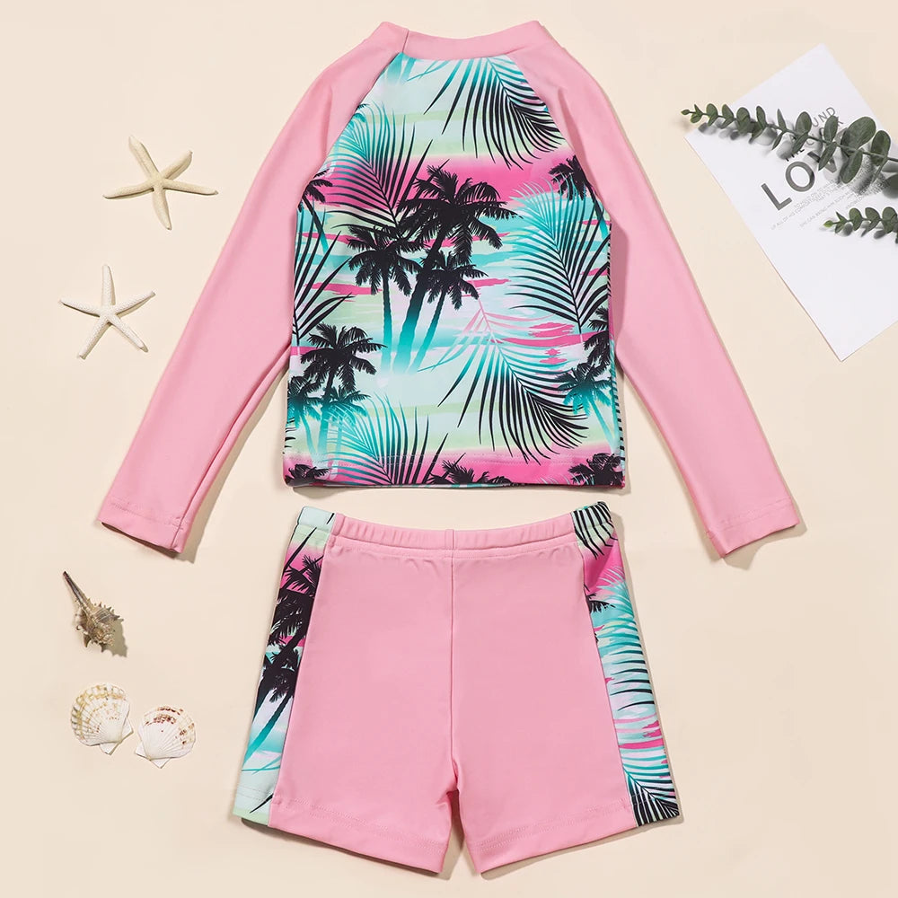 Girls Two Piece Swimwear Long Sleeve Rash Guard Shirts Quick-Dry Bathing Suit Summer Beach Wear