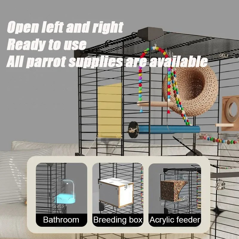 Multiple Small Birds Flight Cage Foreground Ornamental Bird Cage Large Space Standing Metal and Plastic Home Crate Parrot Canary