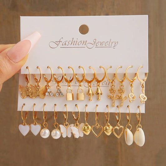 LATS Butterfly Heart Earrings Set Gold Color Drop Earrings for Women Vintage Metal Simulated Pearl Earing Trendy Fashion Jewerly