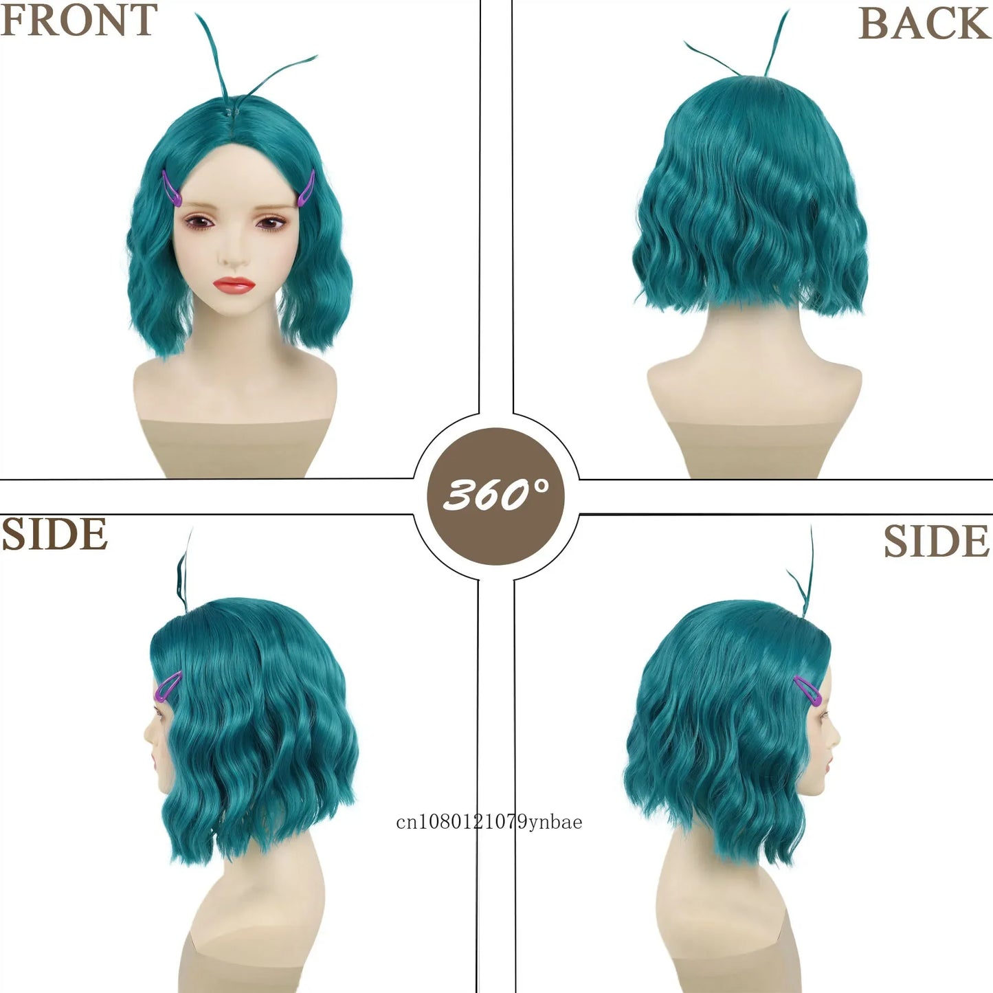 Short Wavy Blue Green Synthetic Cute Wig with 2 Hairpins for Women Girl Envy Costume Cosplay Wigs Halloween Party Heat Resistant