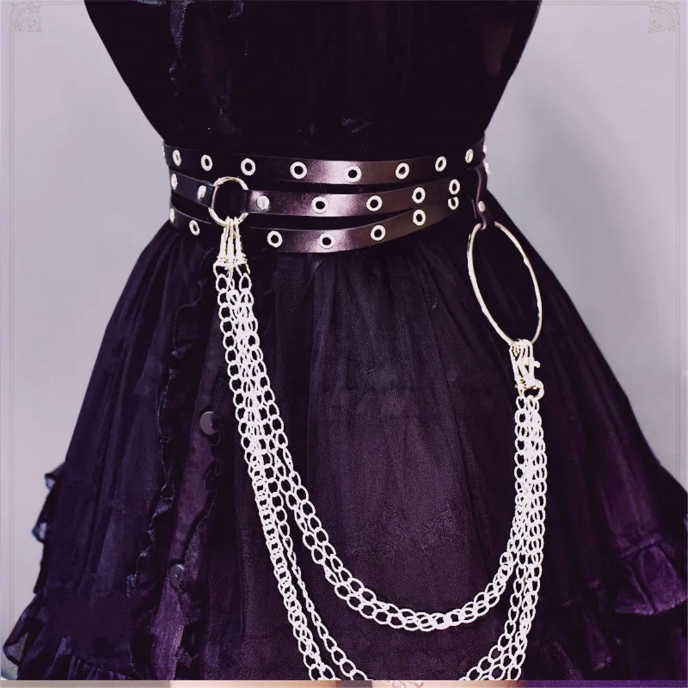 UYEE Goth Waist Chain Punk Belt for Women Multi-layer PU Leather Harness Corset Alloy Metal Rock Nightclub Sexy Jeans Dress Belt