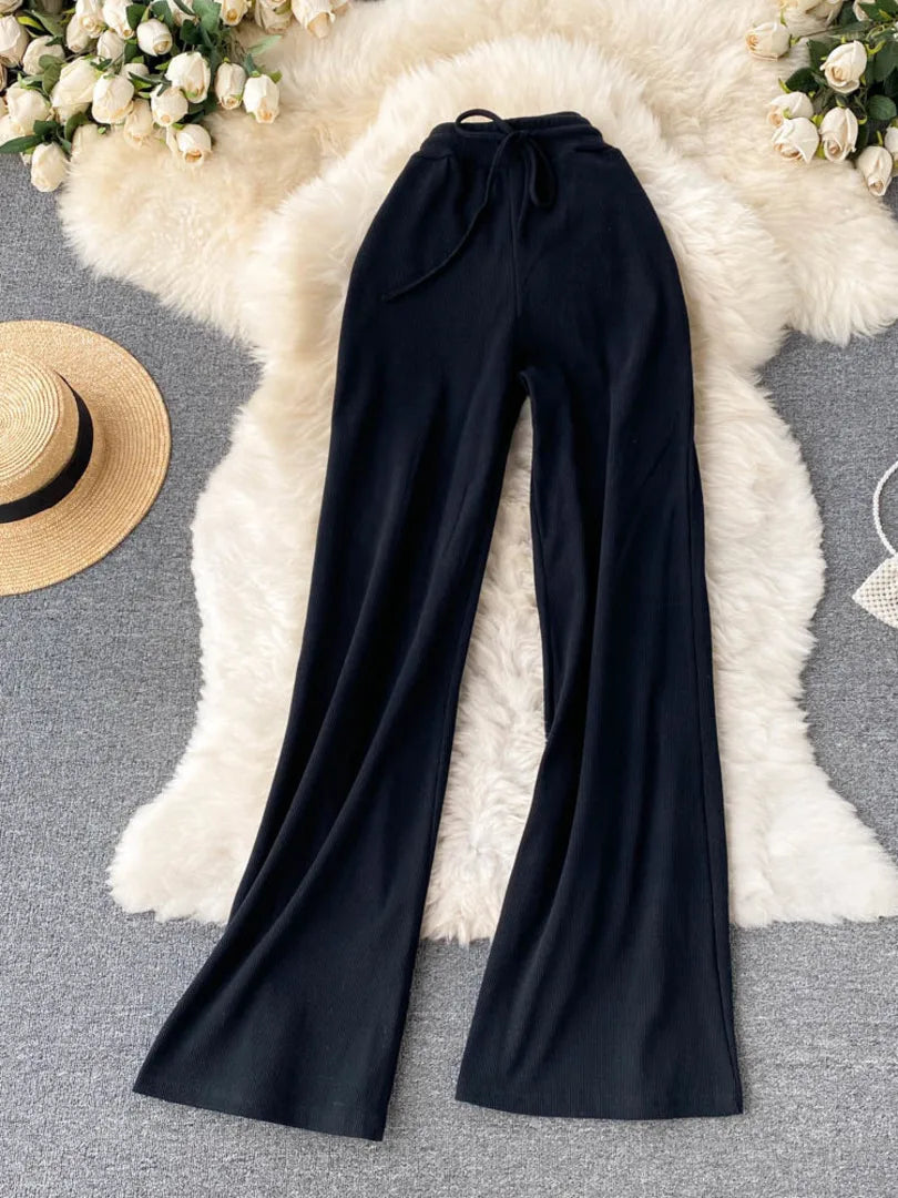 Women Long Pants Solid Fashion Spring Autumn High Elastic Waist Wide Leg Trousers Casual Sportswear Fitness Pants Trousers