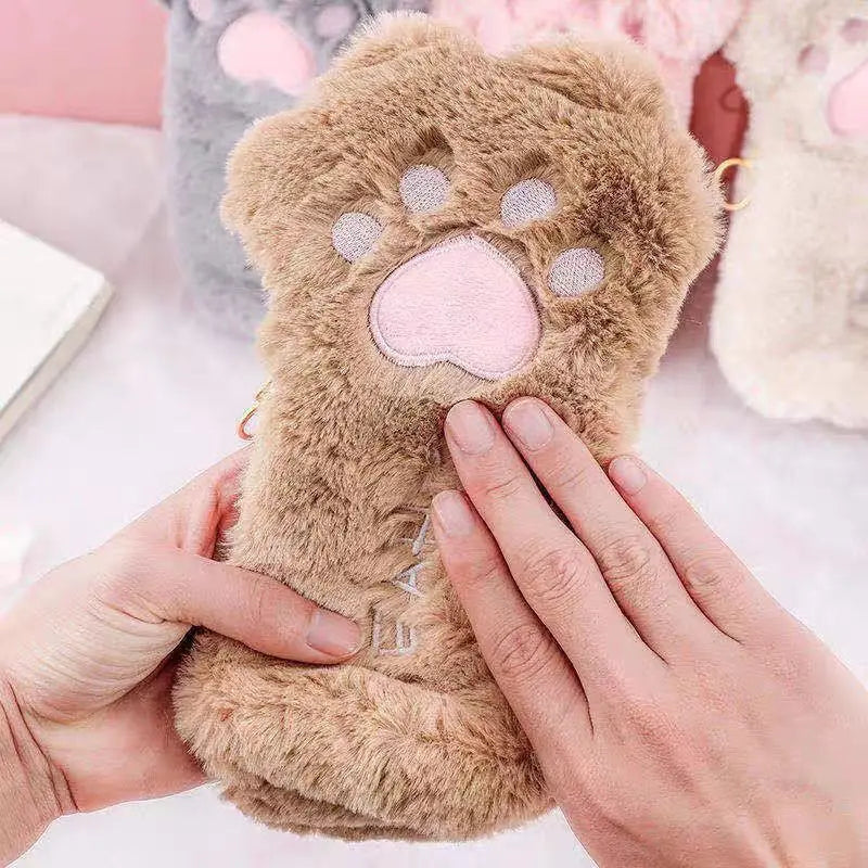 1Pcs Cute Fluffy Cat Paw Pencil Bags Cartoon Plush Pen Case School Office Supplies Stationery Makeup Pouch Cosmetics Holder Gift