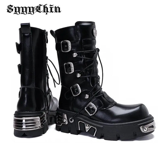 Women Men Boots Female Male Punk Metal Rock Black Chunky Heel Platform Pumps Ladies Motorcycle Mid-calf Round Toe Lace-up Shoes