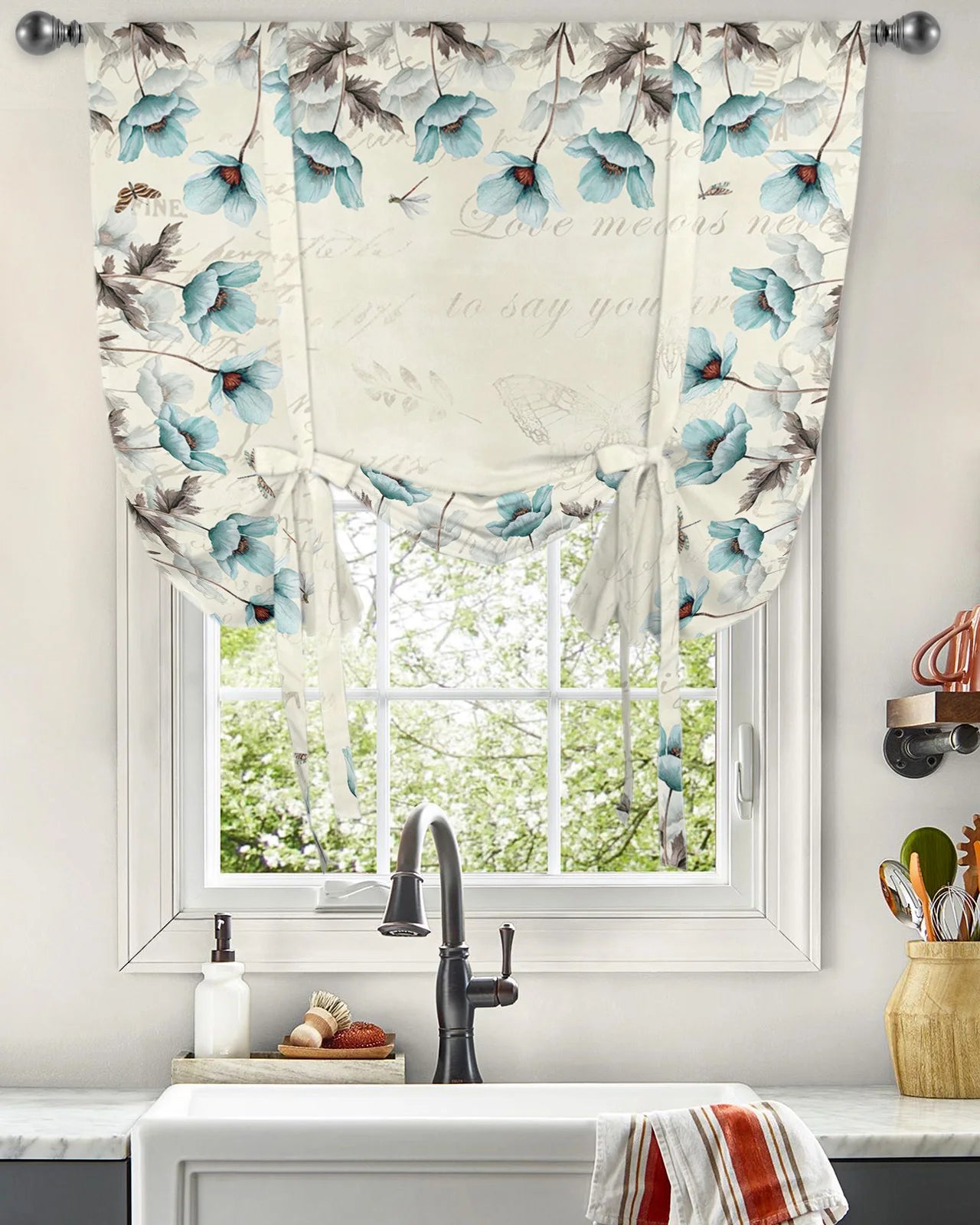 Blue Tulip Flowers Kitchen Short Window Curtain Rod Pocket Curtains Home Decor Bedroom Small Window Roman Tie Up Curtains