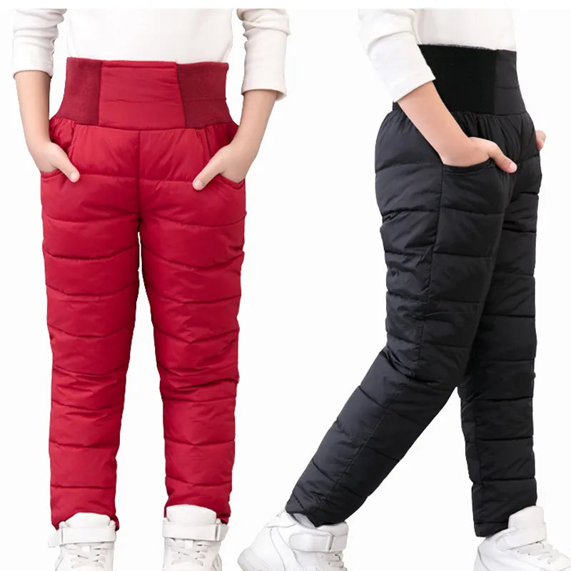 Casual Girl Boy Winter Pants Cotton Padded Thick Warm Trousers Waterproof Ski Pants 10 Years Elastic High Waisted Baby Kid Pant