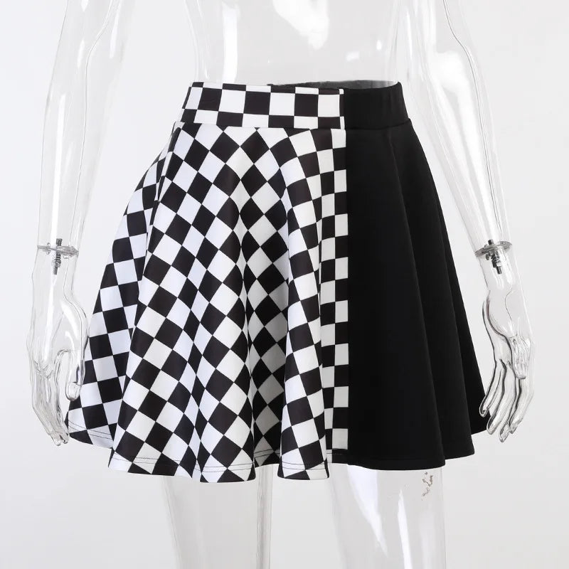 Y2K Houndstooth Color Block Mosaic Skirts Micro-trum Contrast Dark Style Pleated Skirts Women's High-waist Street Trend Skirts