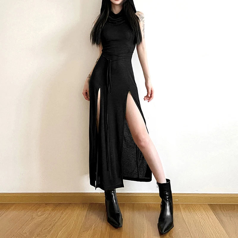 Goth Dark Cyber Gothic Desert Walker Hooded Dresses Y2k Punk Grunge Hollow Out Midi Dress Women Sexy Split Side Solid Streetwear