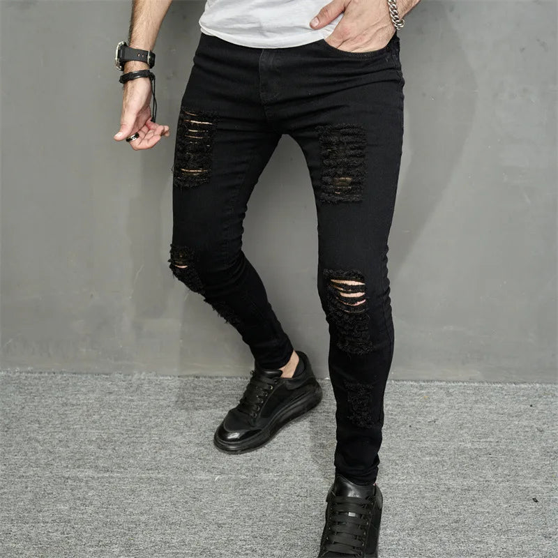 Men Jeans Ankle Length Hole Vintage Ripped Pencil Pants Denim Skinny Pockets Distressed Slim Moto Biker Solid Washed 2024