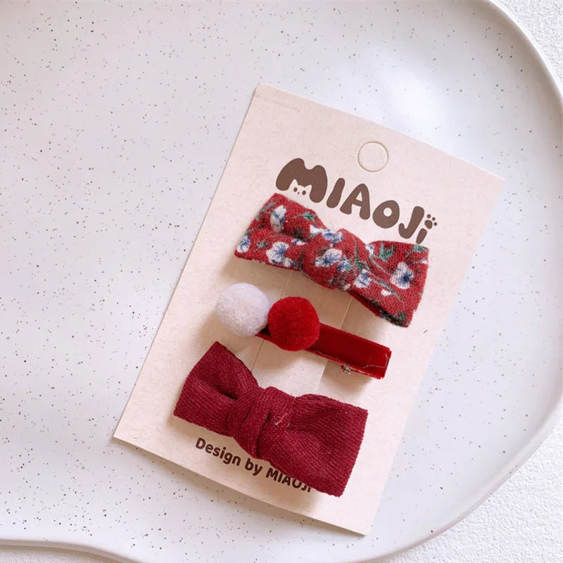 2023 Winter 3PCS Set Cloth Plush Ball Flower Bow Hair Clips For Girl Cute Fairy Soft Hairpin Barrettes Fashion Accessories Gift