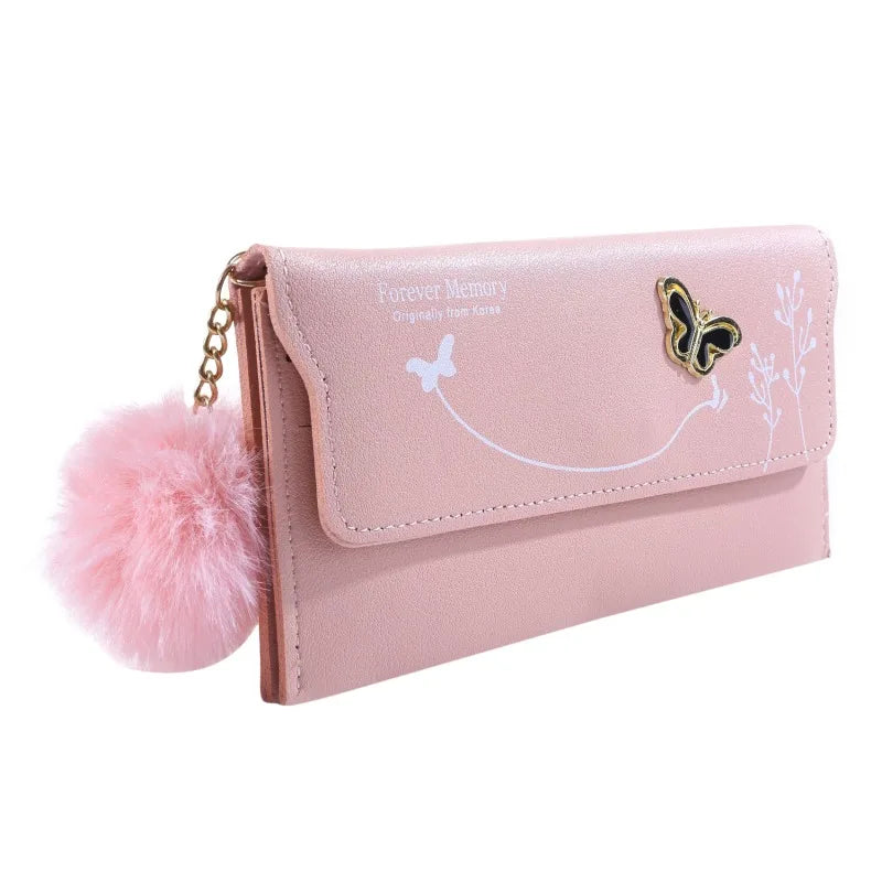 Fashionable New Women Long Wallets Pure Color Wool Ball Bow Clutch Bag Women's Long Bag Card Bag Coin Purse