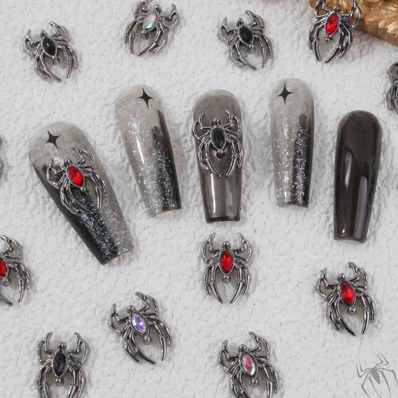 10PCS Gothic Punk Style Alloy 3D Spider Nail Art Charms Dark Black/Red/CLear/AB Rhinestones Spider Design For Halloween Nail diy