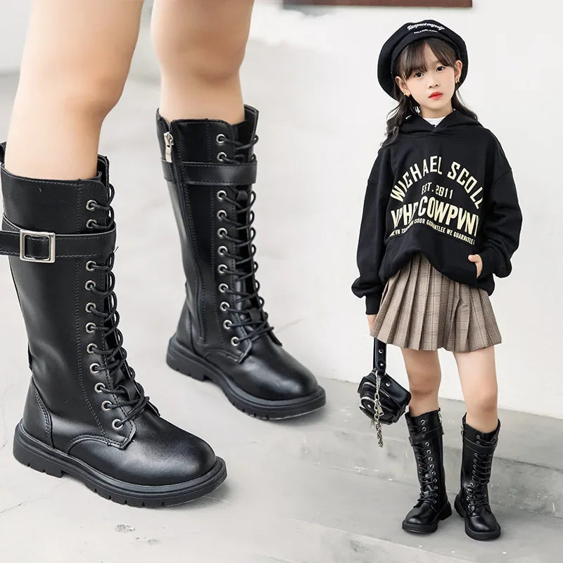 Girls Boots 2024Autumn New Fashion Leather Knee-length Long Boots Princess High Top Kids Shoes Casual Children Cotton Boots