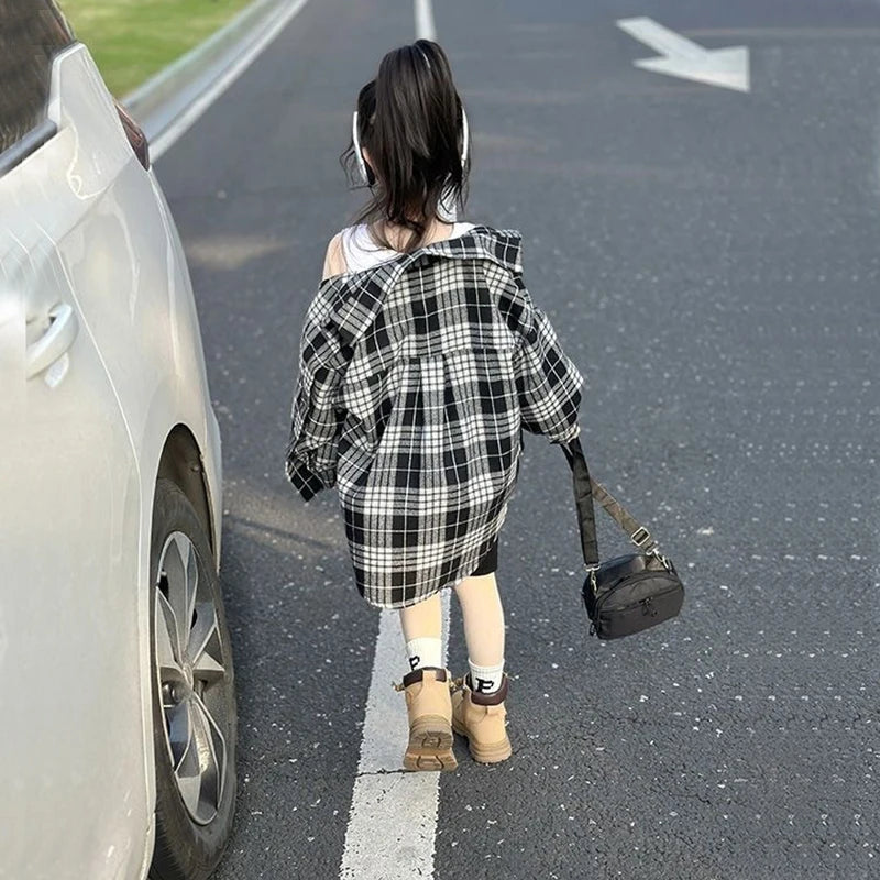 Plaid Shirts & Blouses For Girls Korean Children's Clothing 2023 Autumn Winter Cotton Baby Tops Children Kids Boys Wear 2 Years