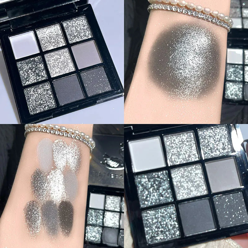 9 Color Smokey Matte Glitter Eyeshadow Palette Shimmer Sequin Eye Shadow Makeup Palette Cool Toned Gray Black Eye Pigment Palett