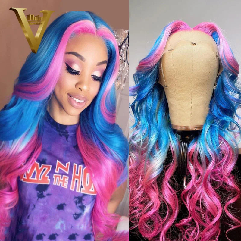 Ombre Pink Blue Colored Human Hair Wigs Brazilian Remy Transparent Lace Front Wigs For Women Preplucked Body Wave HD Frontal Wig