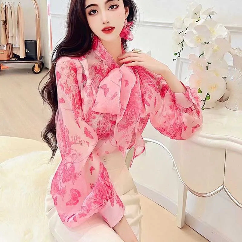 Elegant V-Neck Lantern Sleeve Lace Up Bow Blouses Women's Clothing 2024 Spring Summer New Loose Korean Tops Office Lady Shirts