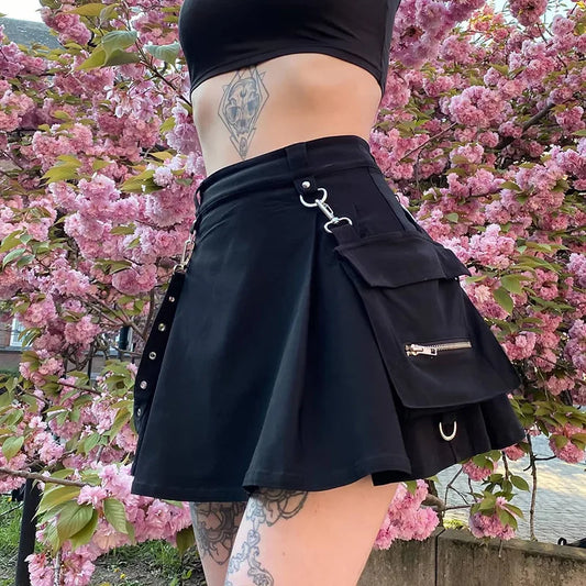 Harajuku Gothic Pocket Skirt Women 2023 Summer New A Line Sexy High Waist Preppy Streetwear Slim Split Female Goth Clothing