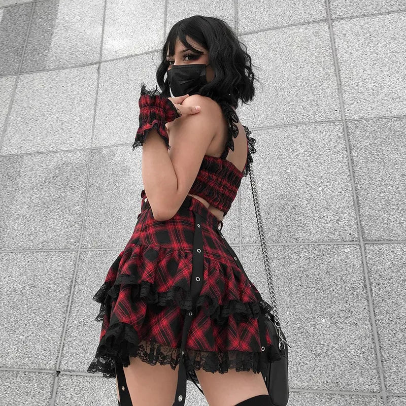 Gothic Harajuku Hot Girl Cake Dress Rock Red Sweet Soft Girl Punk Japanese Lace Plaid Mini Short Skirts Y2k Plaid Skirt