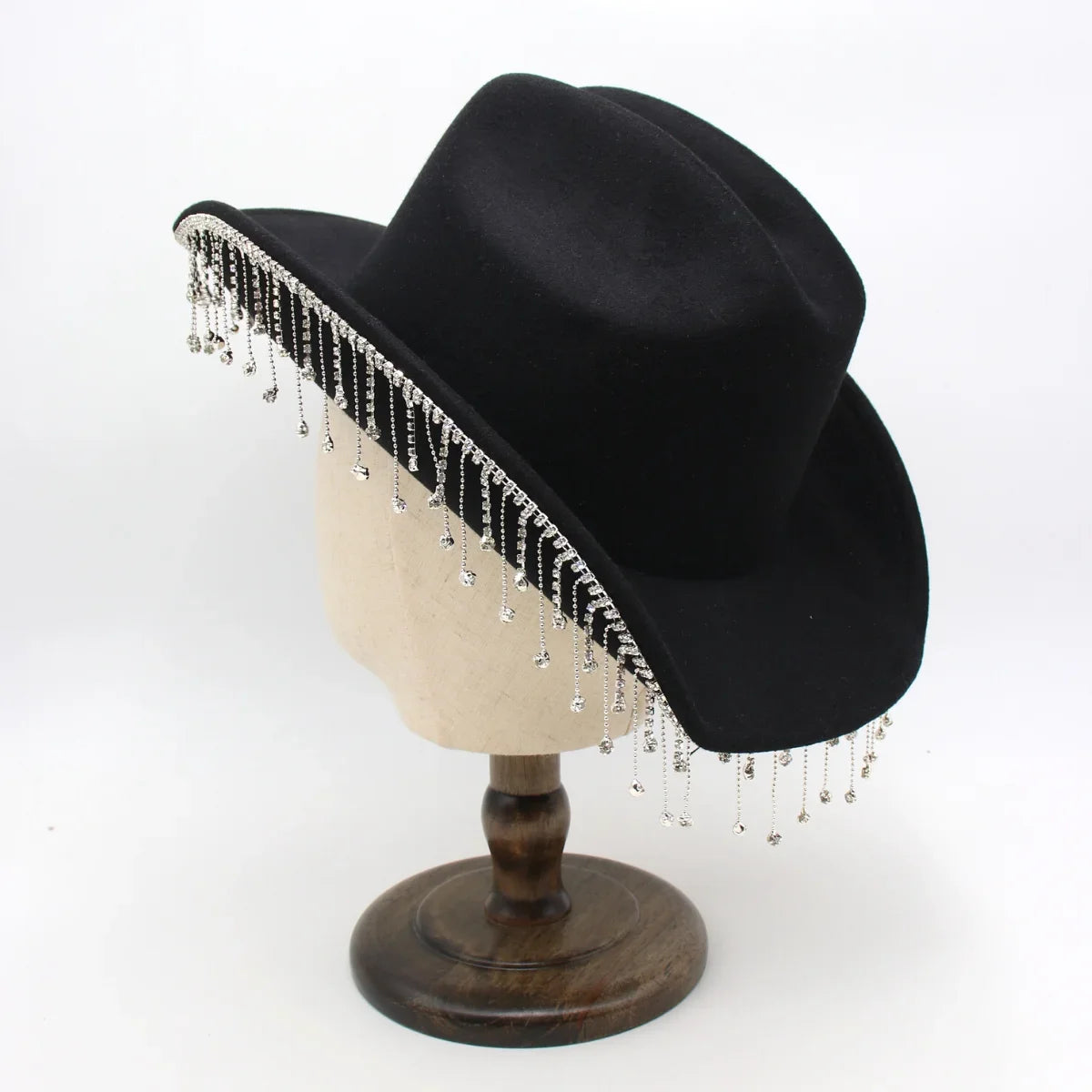 Fluorescent Colorful Tassel Women's Cowboy Hat Rhinestone Fringe Black Western Cowgirl Hats Bride Crystal Solid Party Dress Hats