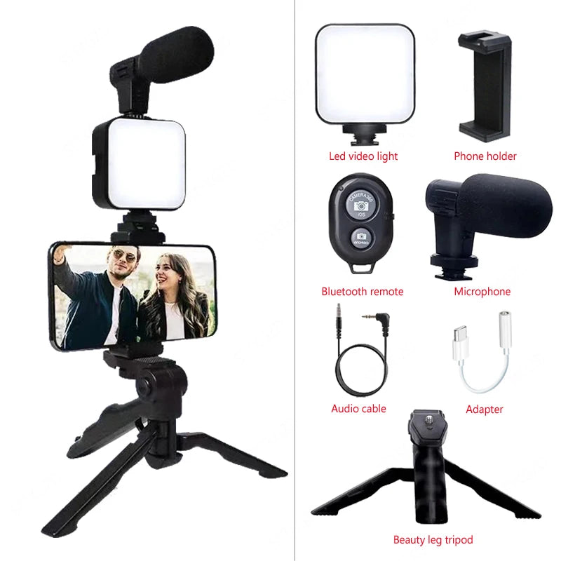 Smartphone Vlogging Kit With Tripod Phone Holder Mini Microphone LED Fill Light Starter For TikTok Live Stream Video YouTube