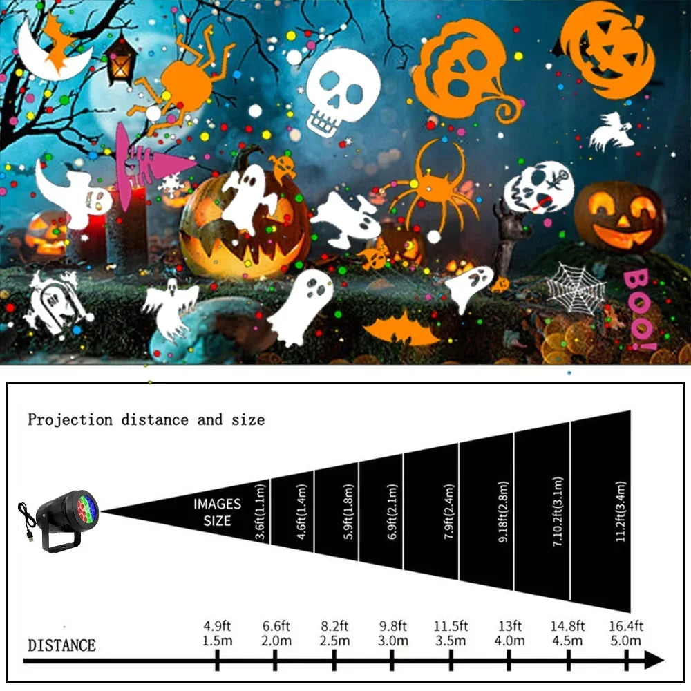 Halloween Decoration Projector Light, USB Power, Pumpkin Spider Bat Dynamic Pattens Projector Night Light for Halloween Party