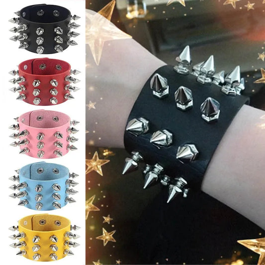 Punk Three Row Cuspidal Spikes Rivet Stud PU Leather Bracelet Goth Rock Cuff Bangle Party Favors Cosplay Armbands Accessories