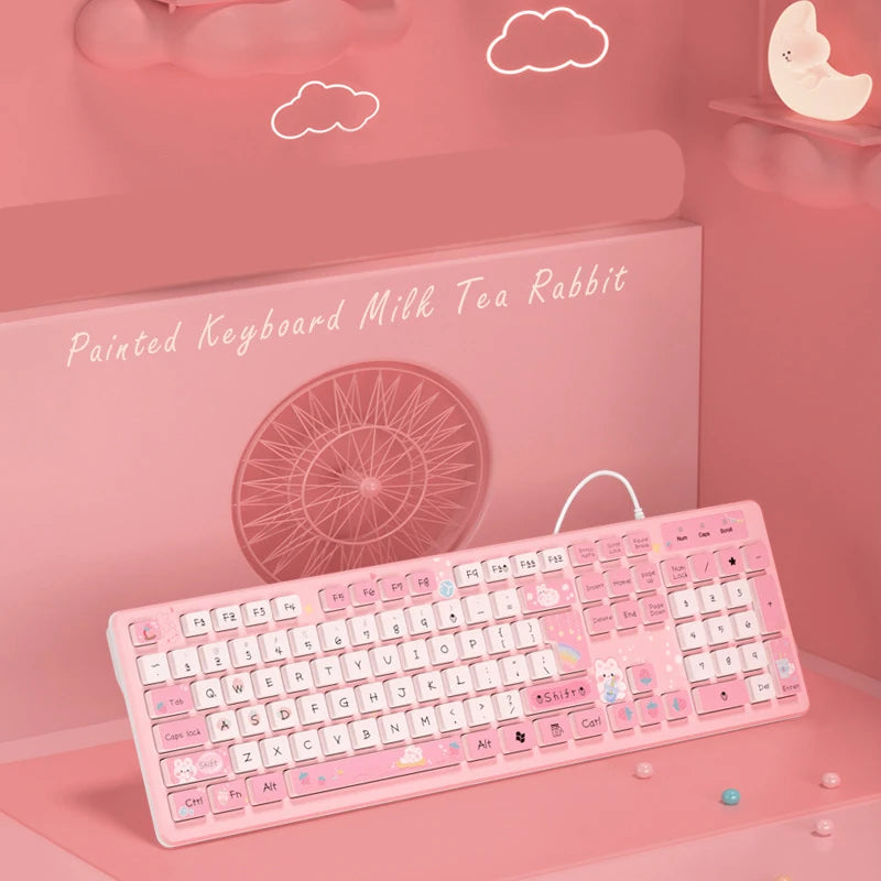 Kawaii wired keyboard milk tea rabbit cute pink cute chocolate wired keyboard girls keyboard creative coloring wireless keyboard