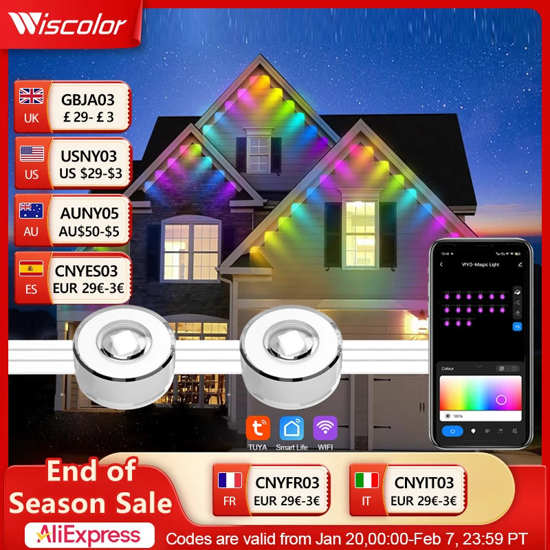 Wiscolor Smart WIFI RGBIC Eaves Lights Permanent Outdoor Lights Outdoor Waterproof Light Strings Support Alexa, Google Assistant
