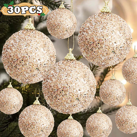 30/6pcs Glitter Champagne Gold Christmas Balls Sparkling Xmas Tree Hanging Ball Pendants Christmas New Year Party Decor Ornament