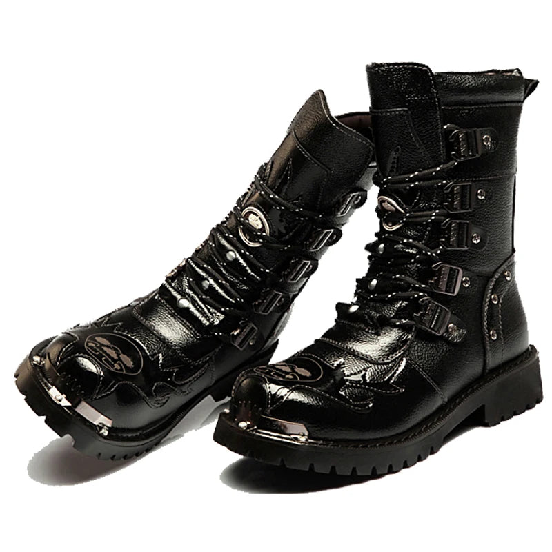 Winter Men Motorcycle Boots New Fashion Mid-Calf Punk Rock Punk Shoes Mens Genuine Leather Black High Top Mens Casual Boot 38-46