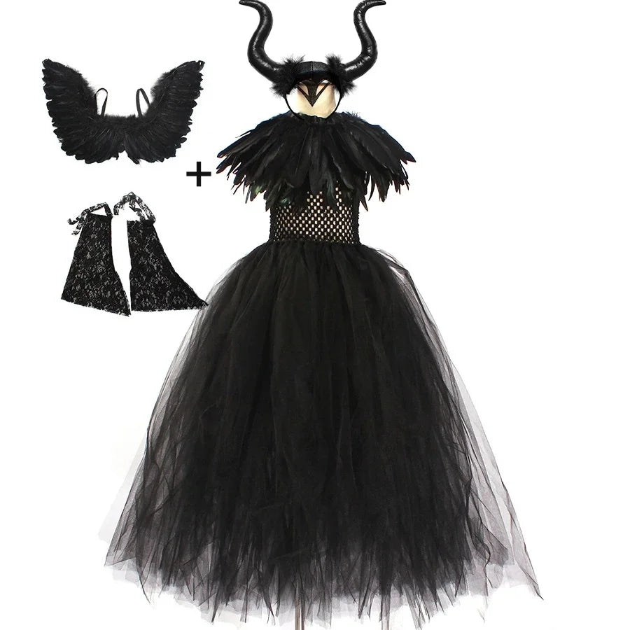 Halloween Costume Maleficent Tutu Dress For Girls Cosplay Evil Queen Black Mesh Princess Dress Kids Crow Wand Maleficent